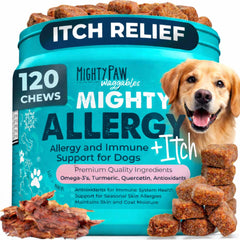 Mighty Paw frente del envase mostrando 120 masticables y beneficios