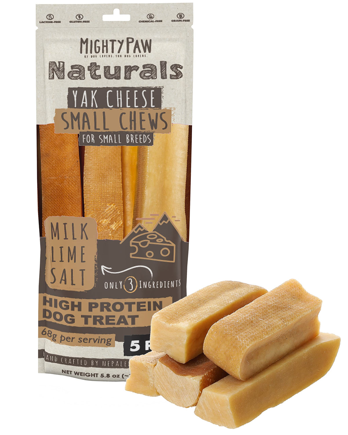Mighty Paw paquete frontal mostrando palitos de queso natural y beneficios claros