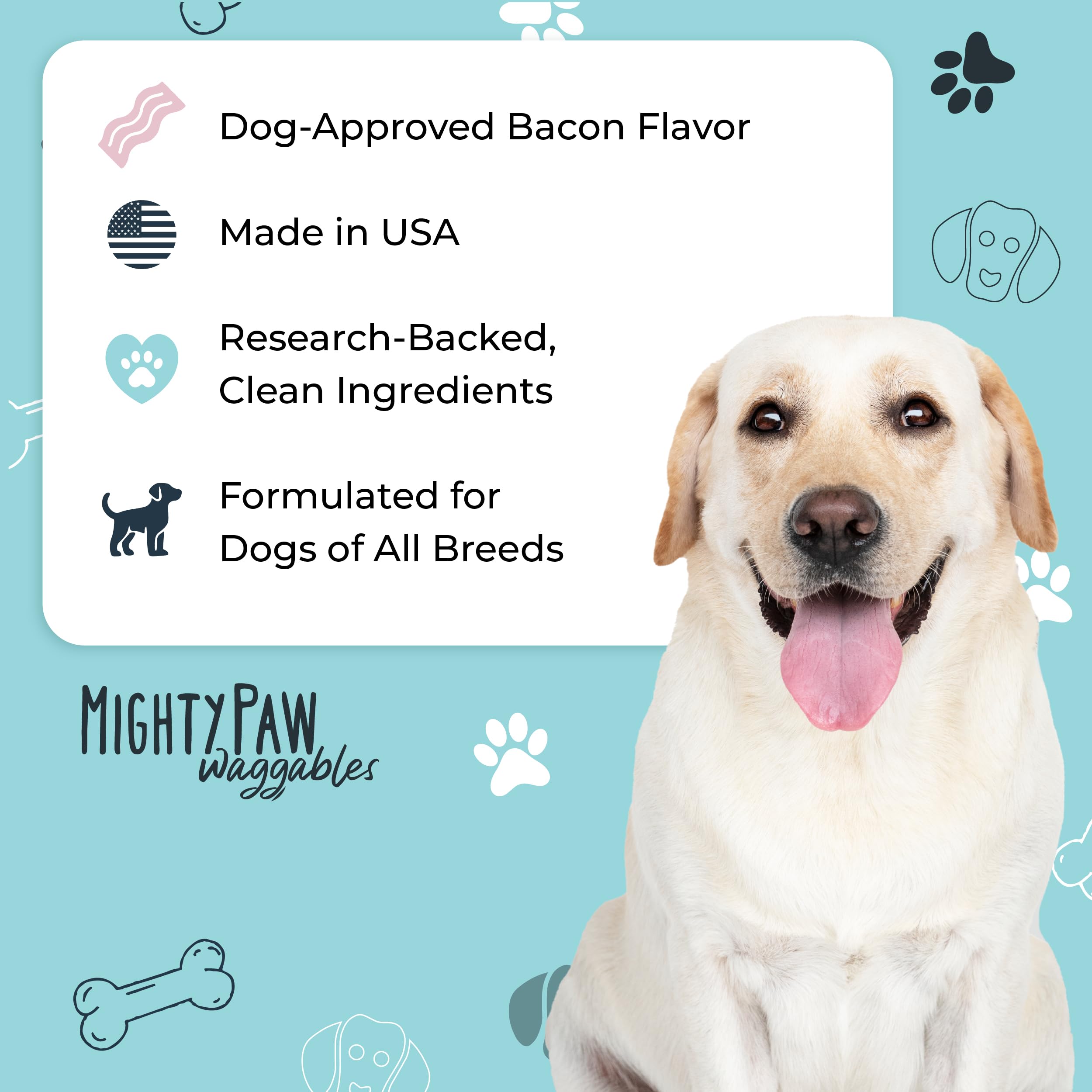 Mighty Paw etiqueta con tabla de dosificación según peso del perro