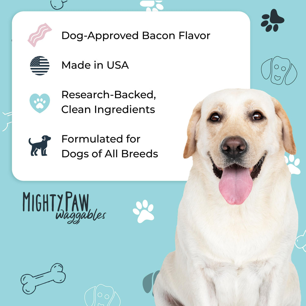 Mighty Paw etiqueta con tabla de dosificación según peso del perro