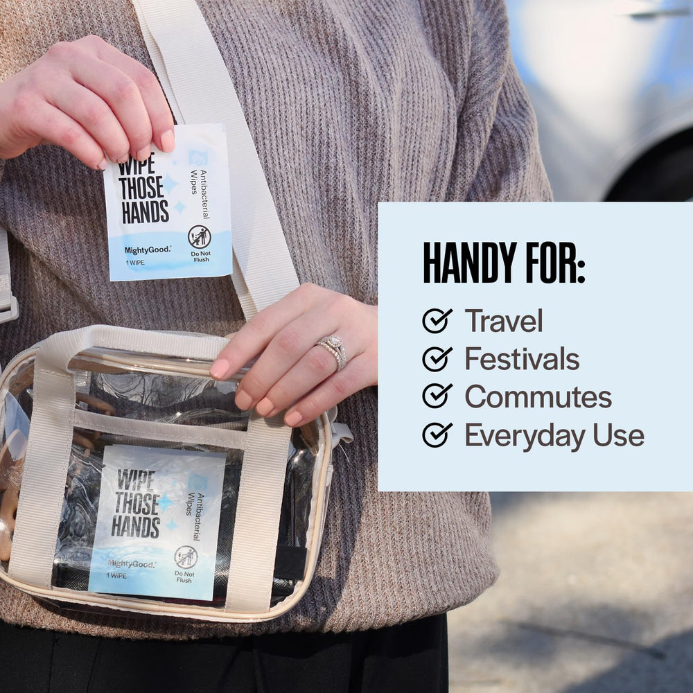 MightyGood toallitas en mochila listas para excursiones y desplazamientos