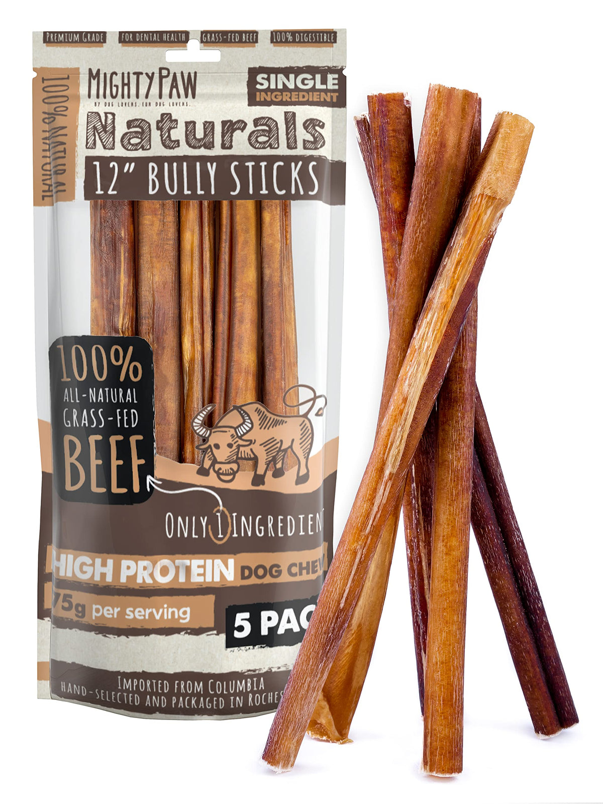 Mighty Paw paquete frontal mostrando bully sticks y beneficio de calidad