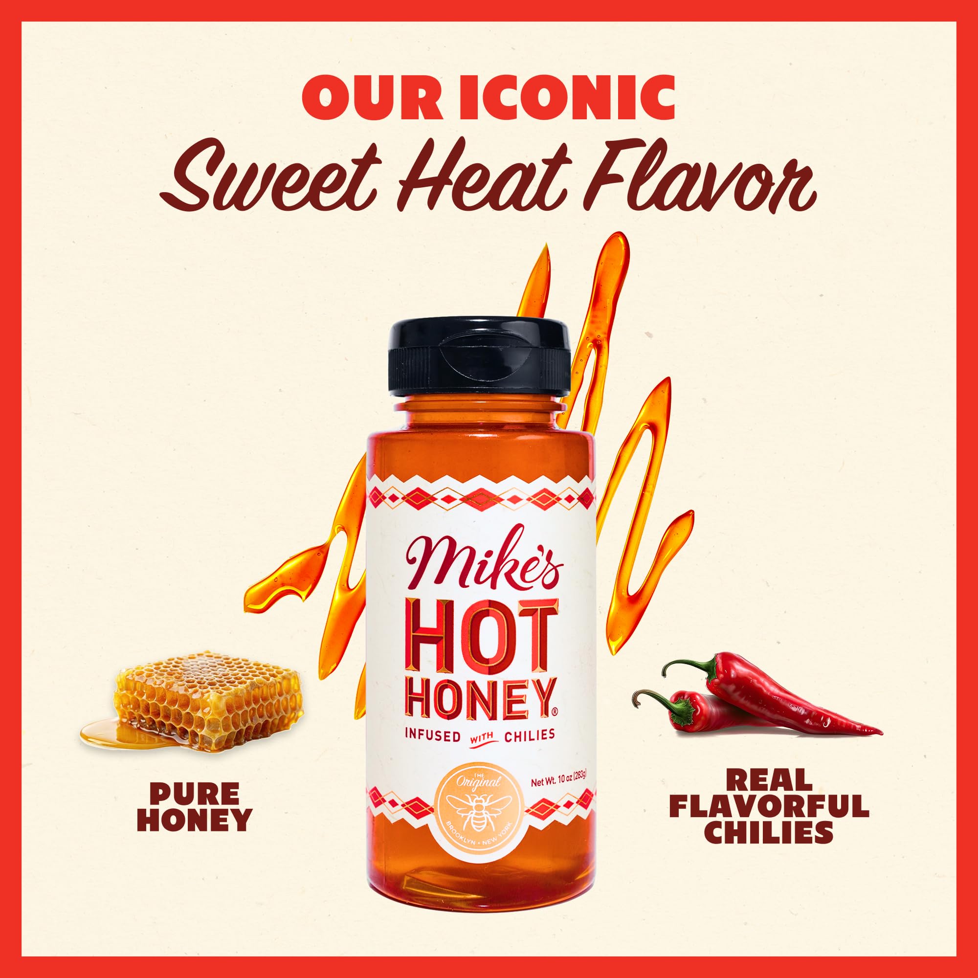 Mike's Hot Honey rociada sobre pizza, realza sabores y contraste dulce-picante
