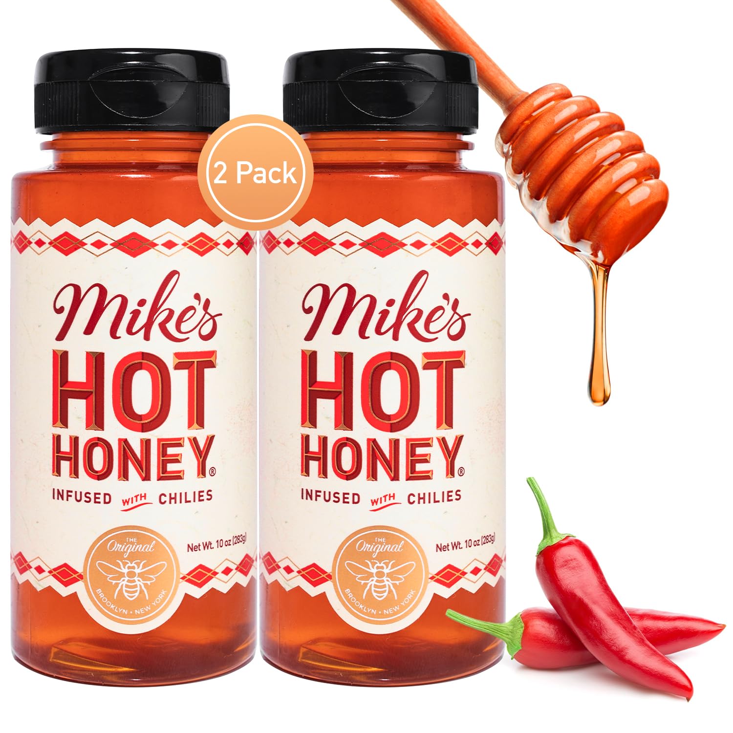Mike's Hot Honey botella frente brillante, condimento dulce-picante listo para usar