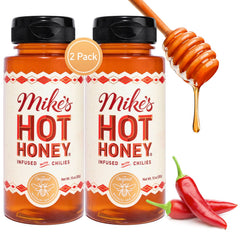 Mike's Hot Honey botella frente brillante, condimento dulce-picante listo para usar