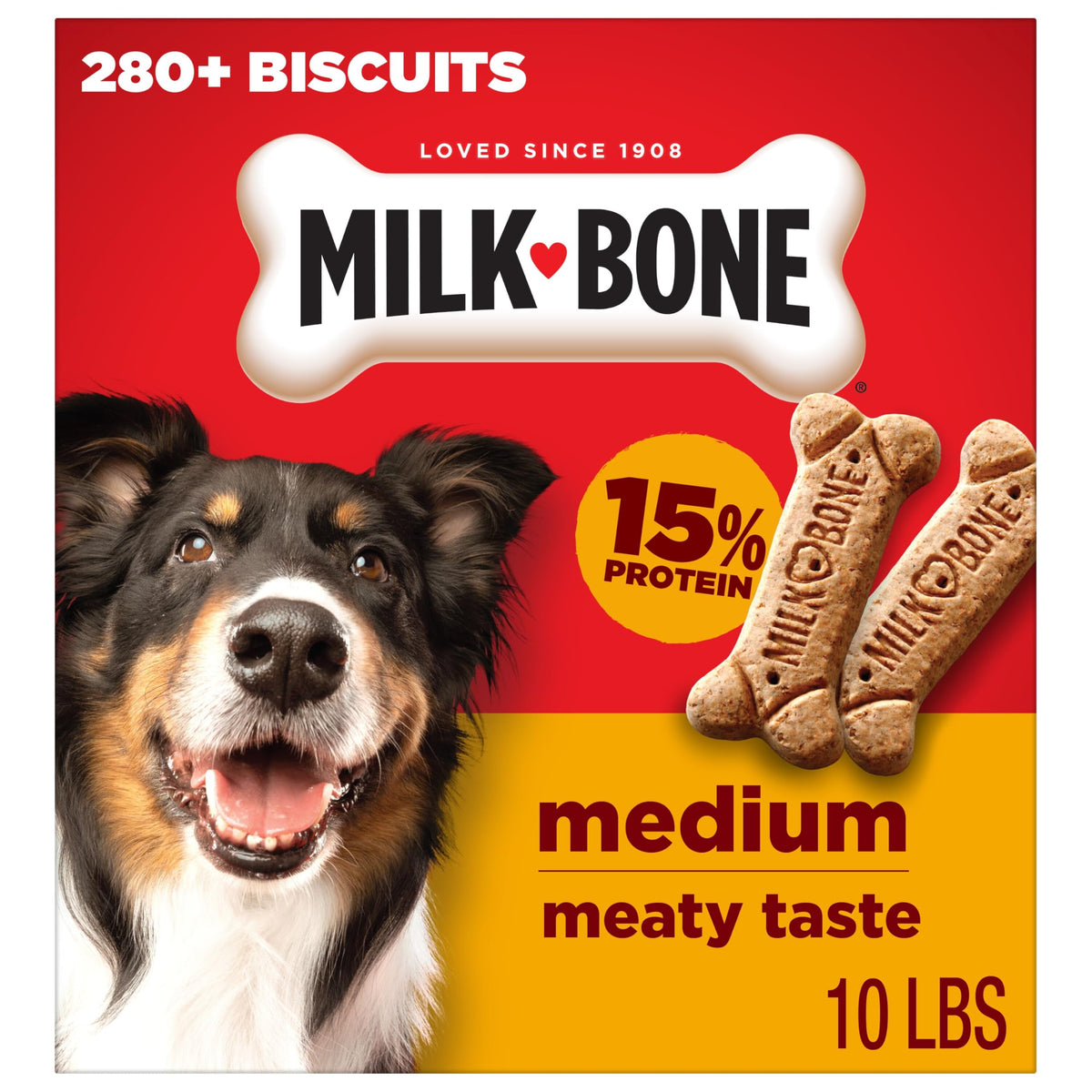 Milk-Bone caja frontal 10 lb mostrando tamaño y diseño de empaque, conservación práctica