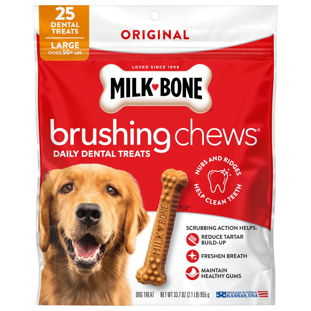 Milk-Bone etiqueta con ingredientes y beneficio de calcio añadido