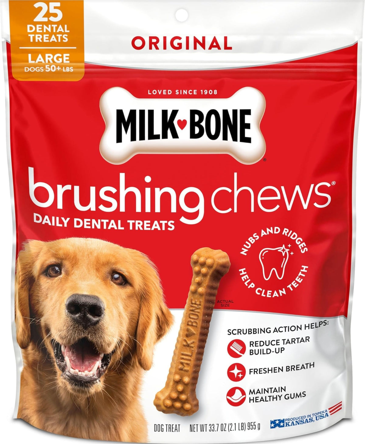 Milk-Bone bolsa frontal mostrando 25 golosinas y beneficio práctico