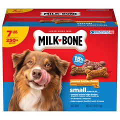 Milk-Bone empaque frontal mostrando caja de 7 lb y beneficios