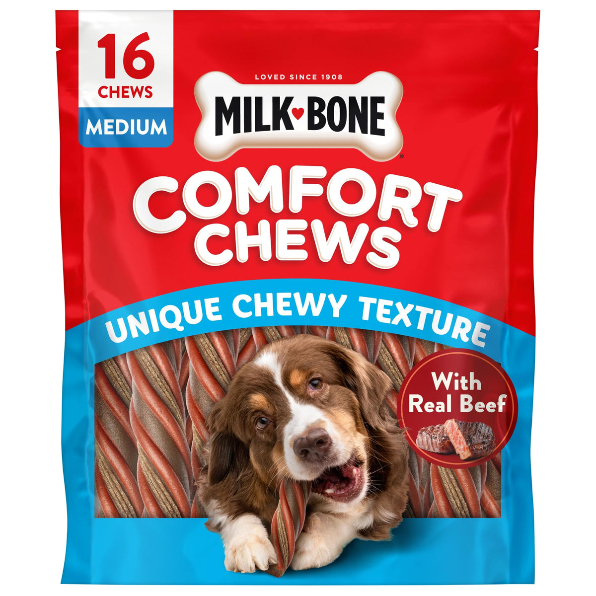 Milk-Bone paquete frontal mostrando diseño y cantidad, confianza y conveniencia