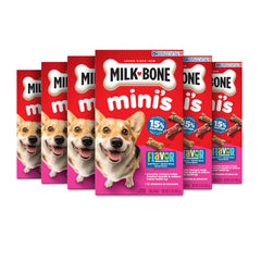 Milk-Bone caja frontal mostrando sabores y tamaño, premio sabroso y práctico