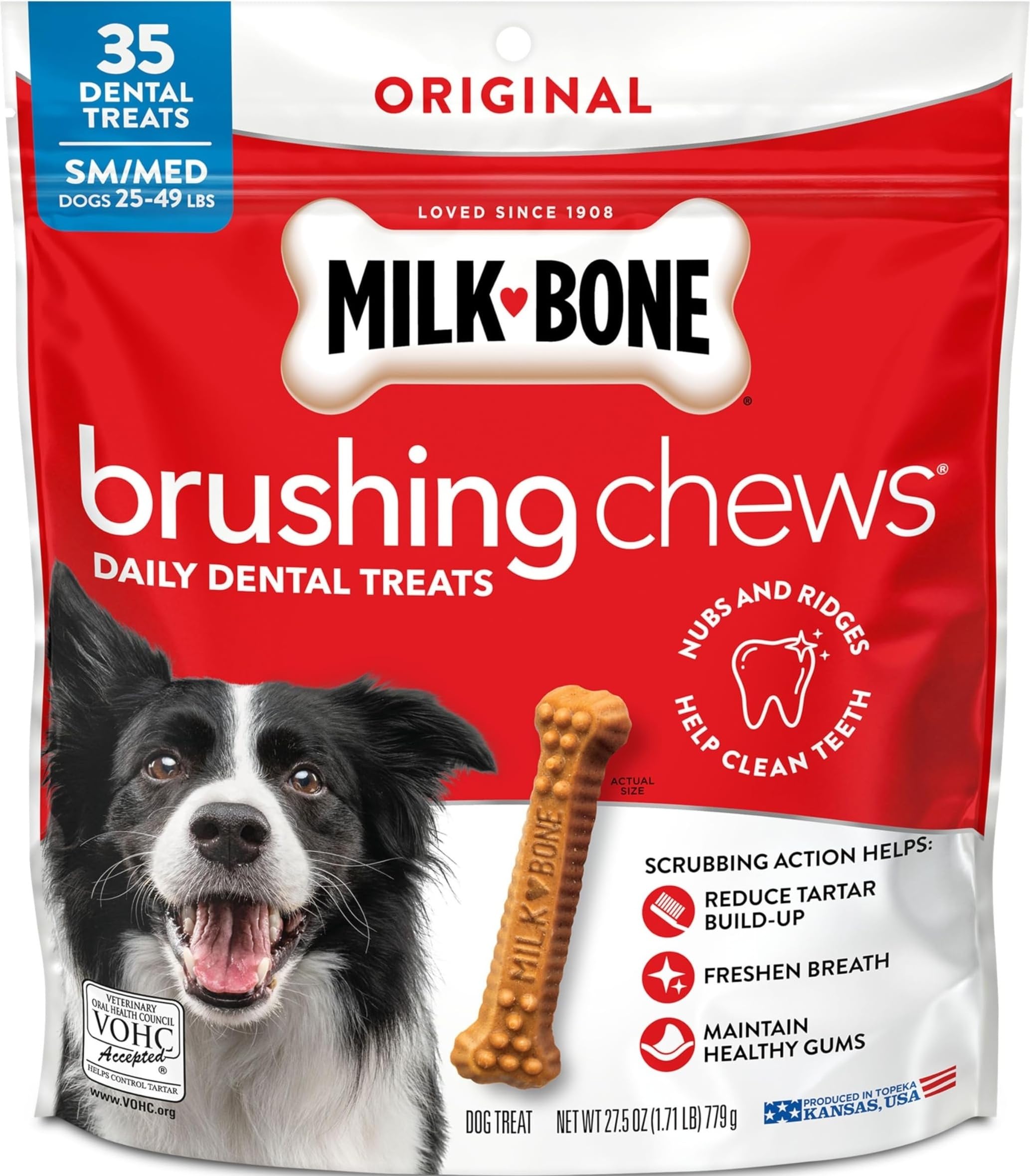 Milk-Bone paquete frontal mostrando 35 golosinas y beneficio limpieza