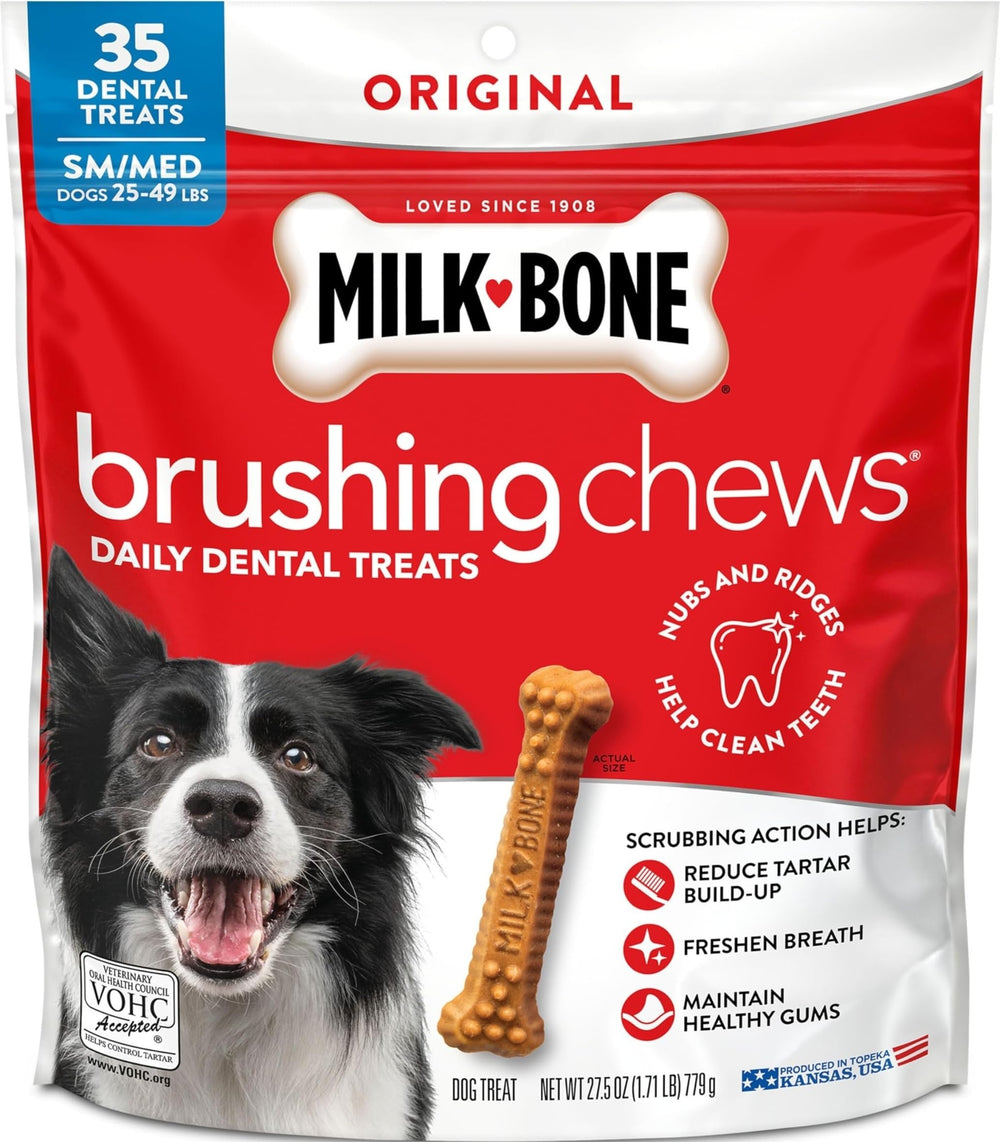 Milk-Bone paquete frontal mostrando 35 golosinas y beneficio limpieza