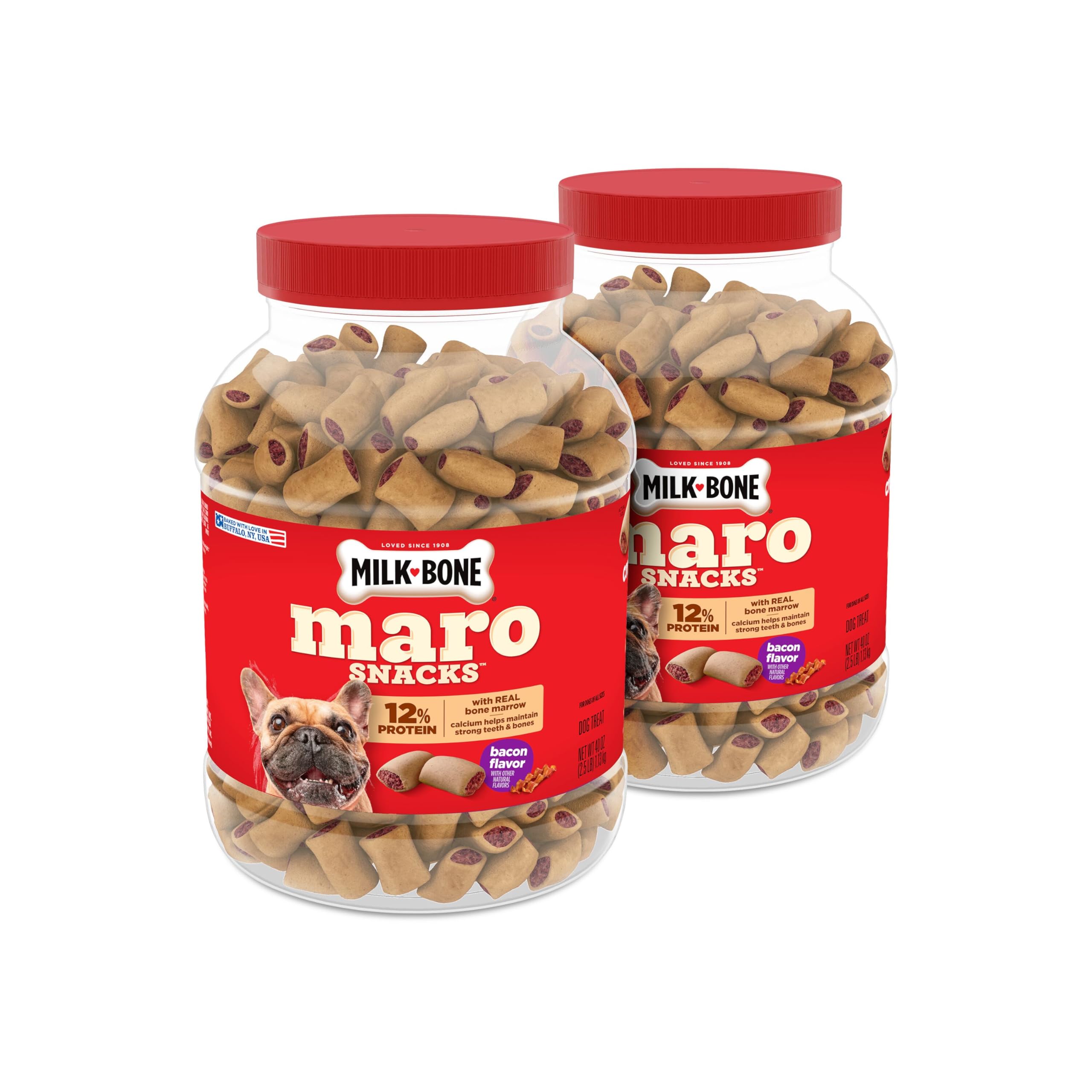 Milk-Bone two canisters front packaging showing product and freshness benefit