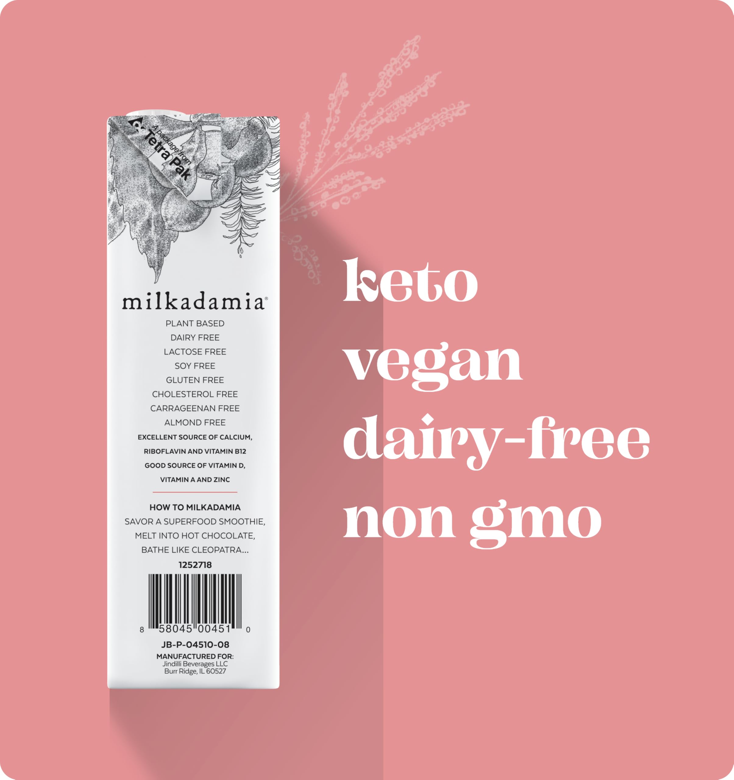 Milkadamia etiqueta y cierre detallados que evidencian ingredientes y certificados