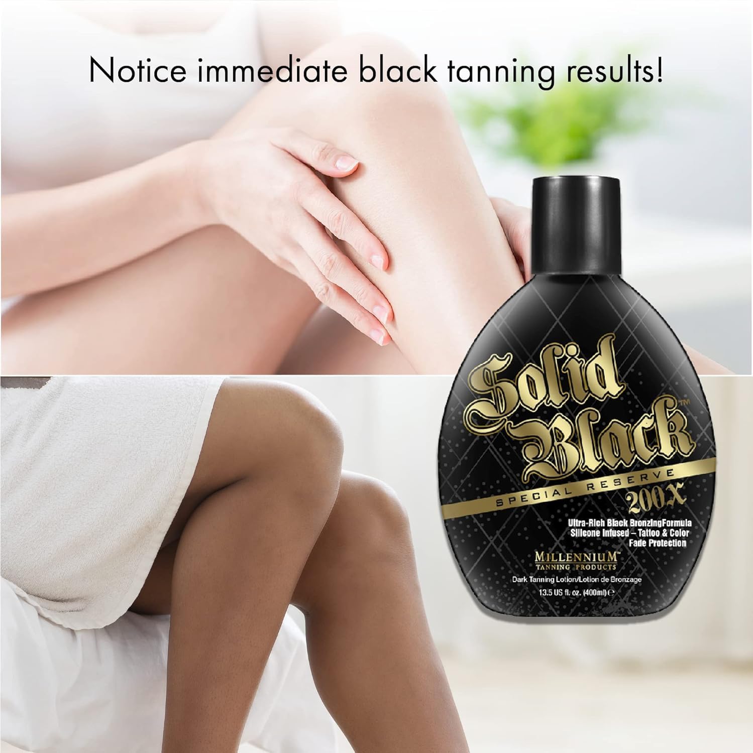 Millennium Tanning etiqueta con ingredientes y protección de tatuajes