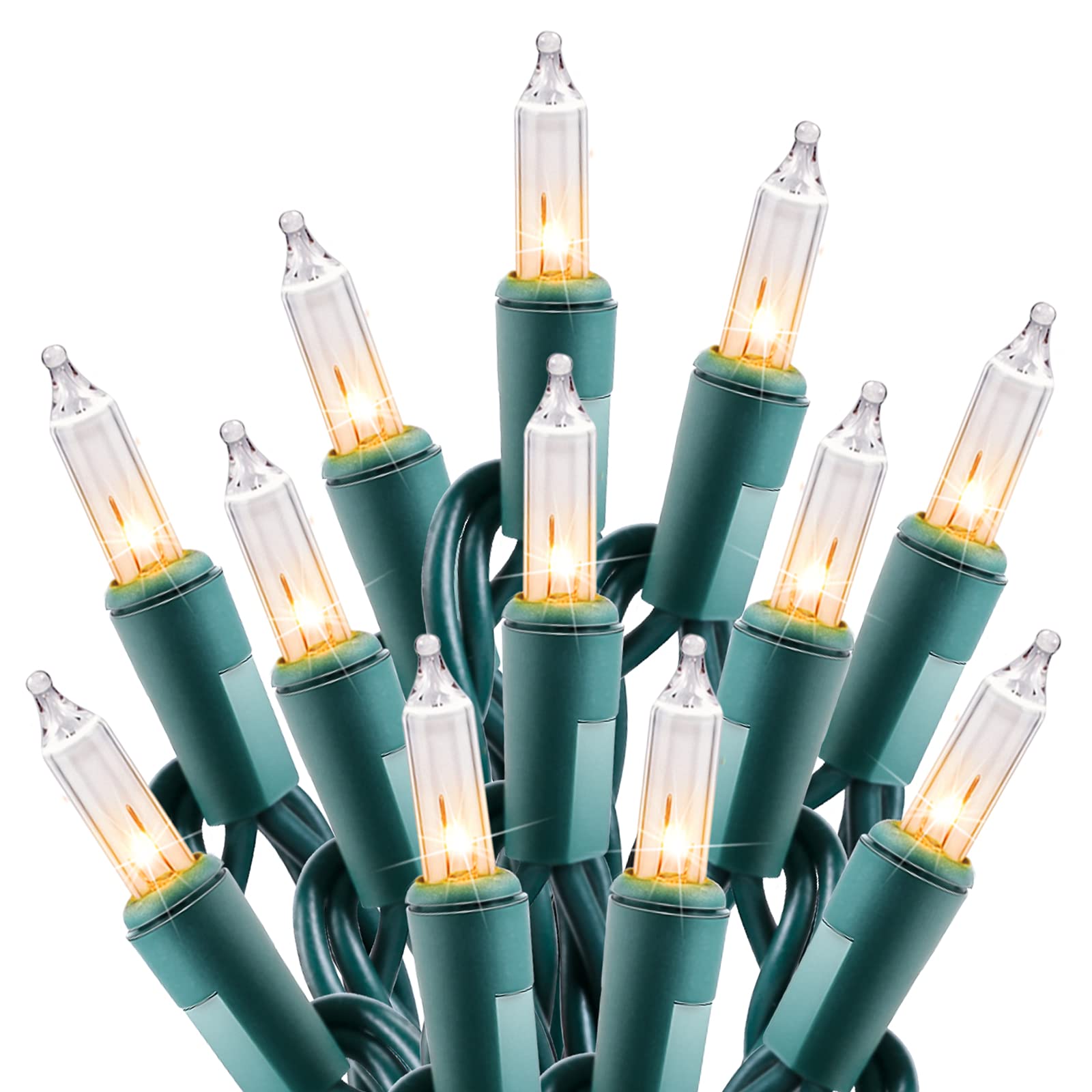 Minetom frente del paquete mostrando 100 luces y cable verde útil para planificación