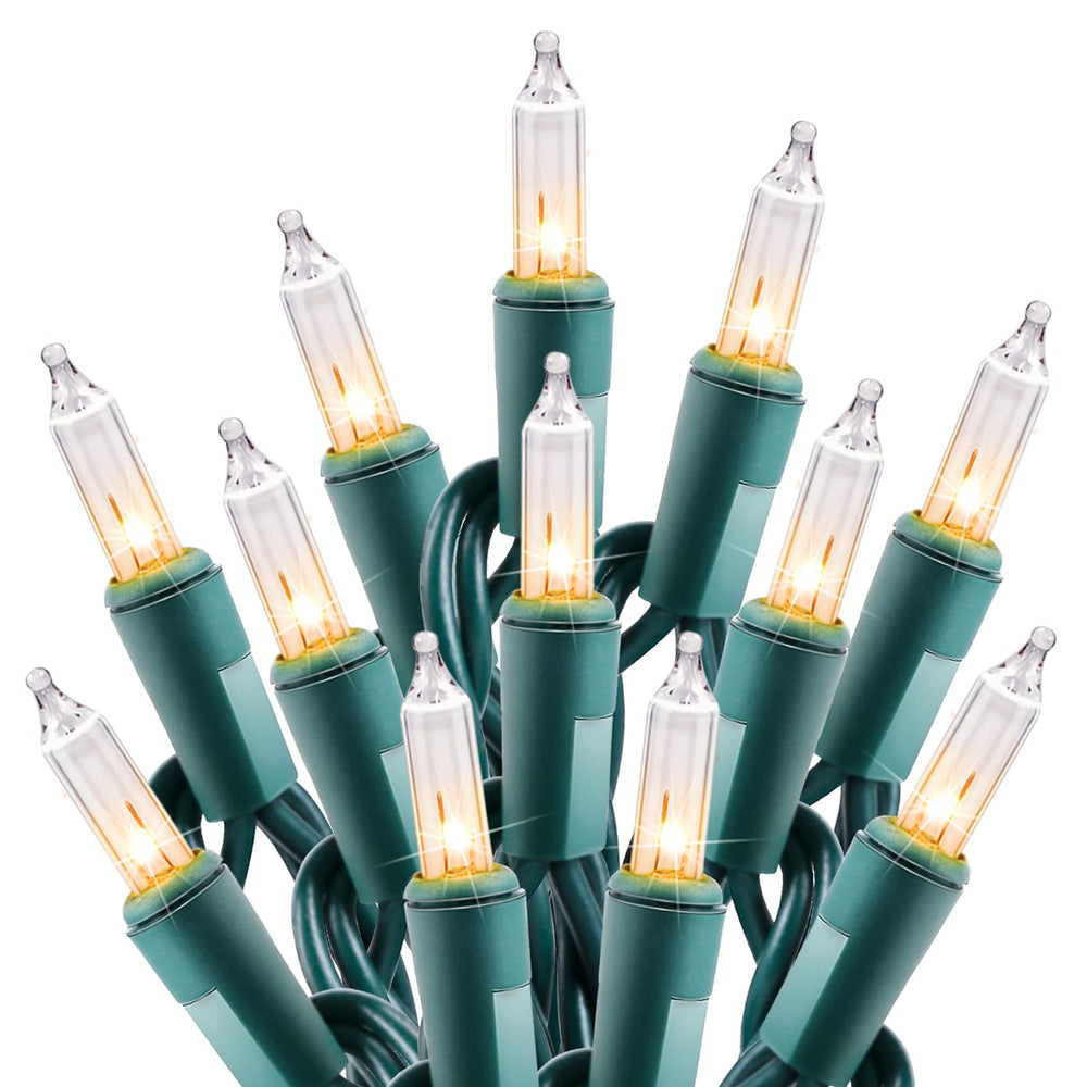 Minetom frente del paquete mostrando 100 luces y cable verde útil para planificación