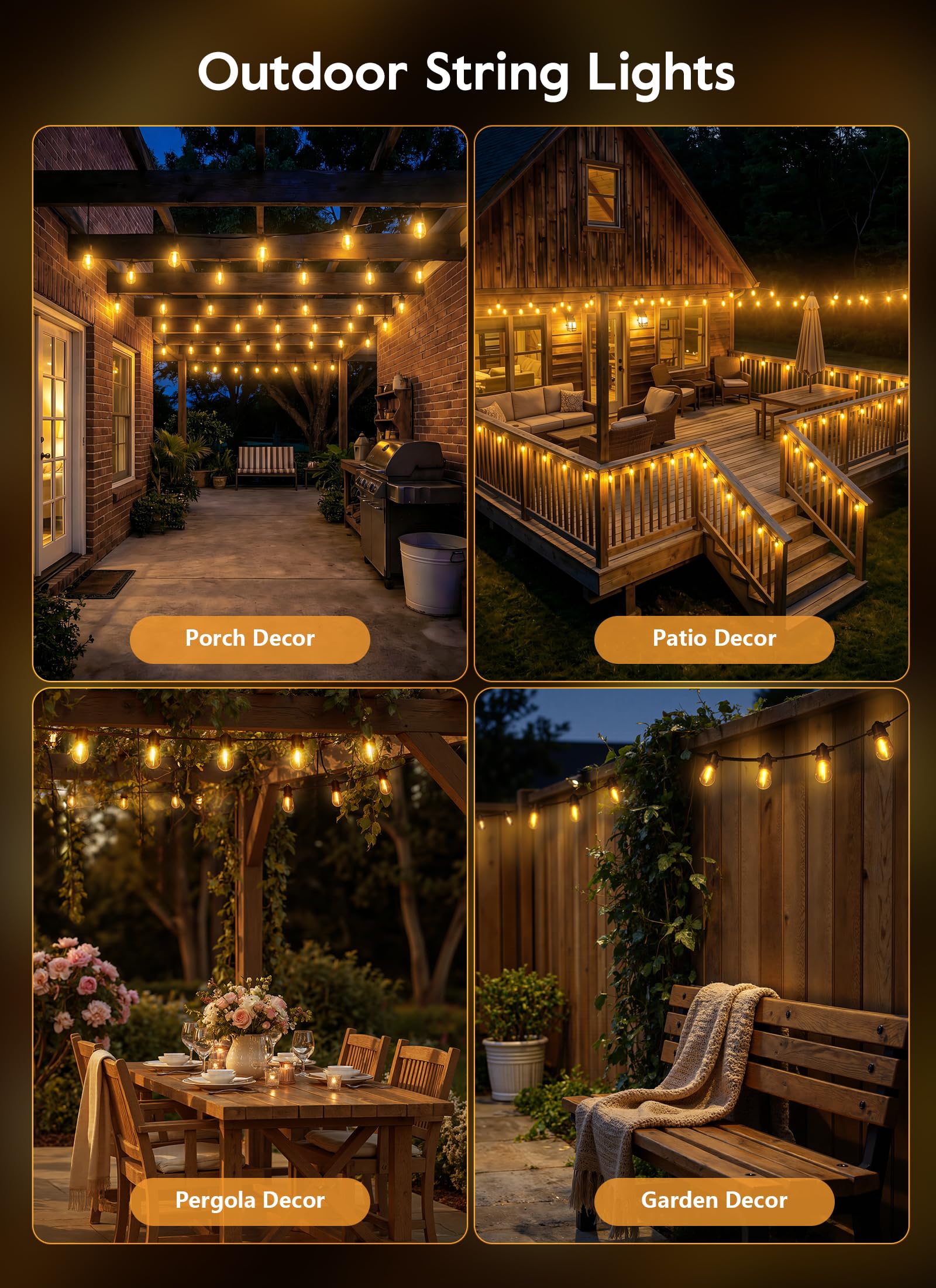 Minetom luces instaladas en terraza creando ambiente nocturno para cenas al aire libre