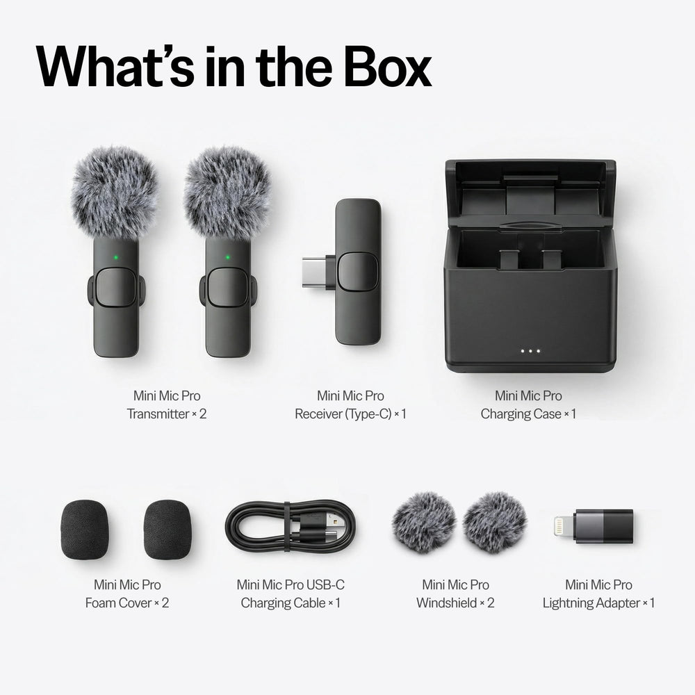 Mini Mic Pro junto a un bolígrafo para comparar tamaño y destacar portabilidad