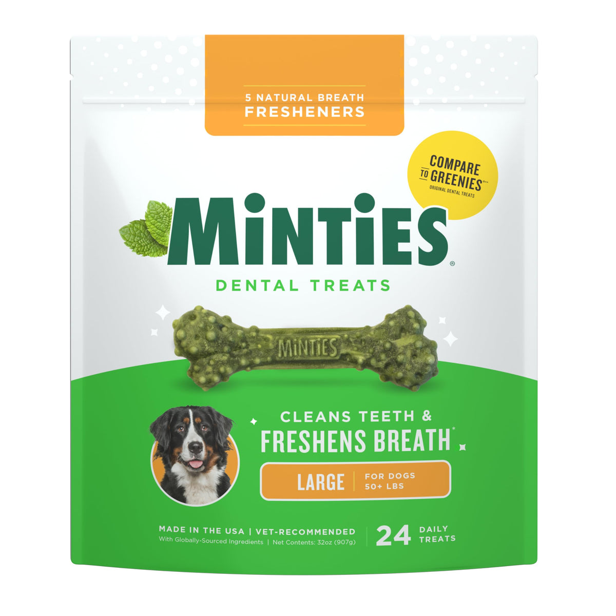 Minties paquete frontal mostrando diseño y cantidad, frescor visible