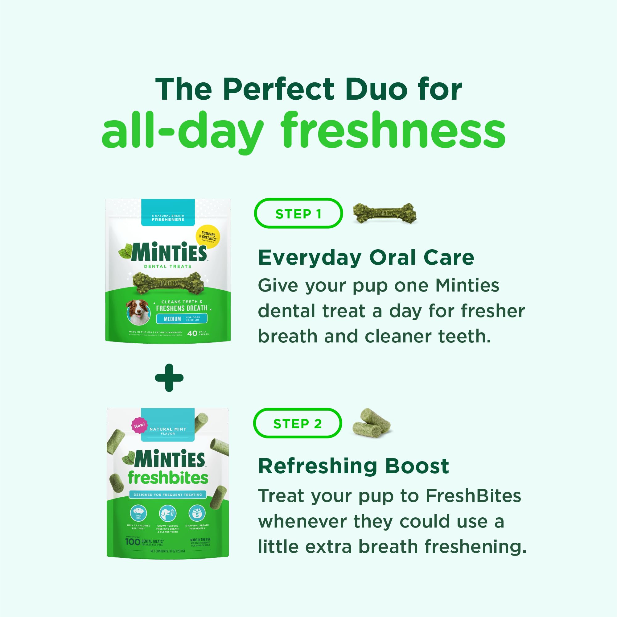 Minties acercamiento a la textura masticable, beneficio: suavidad visible que ayuda limpieza