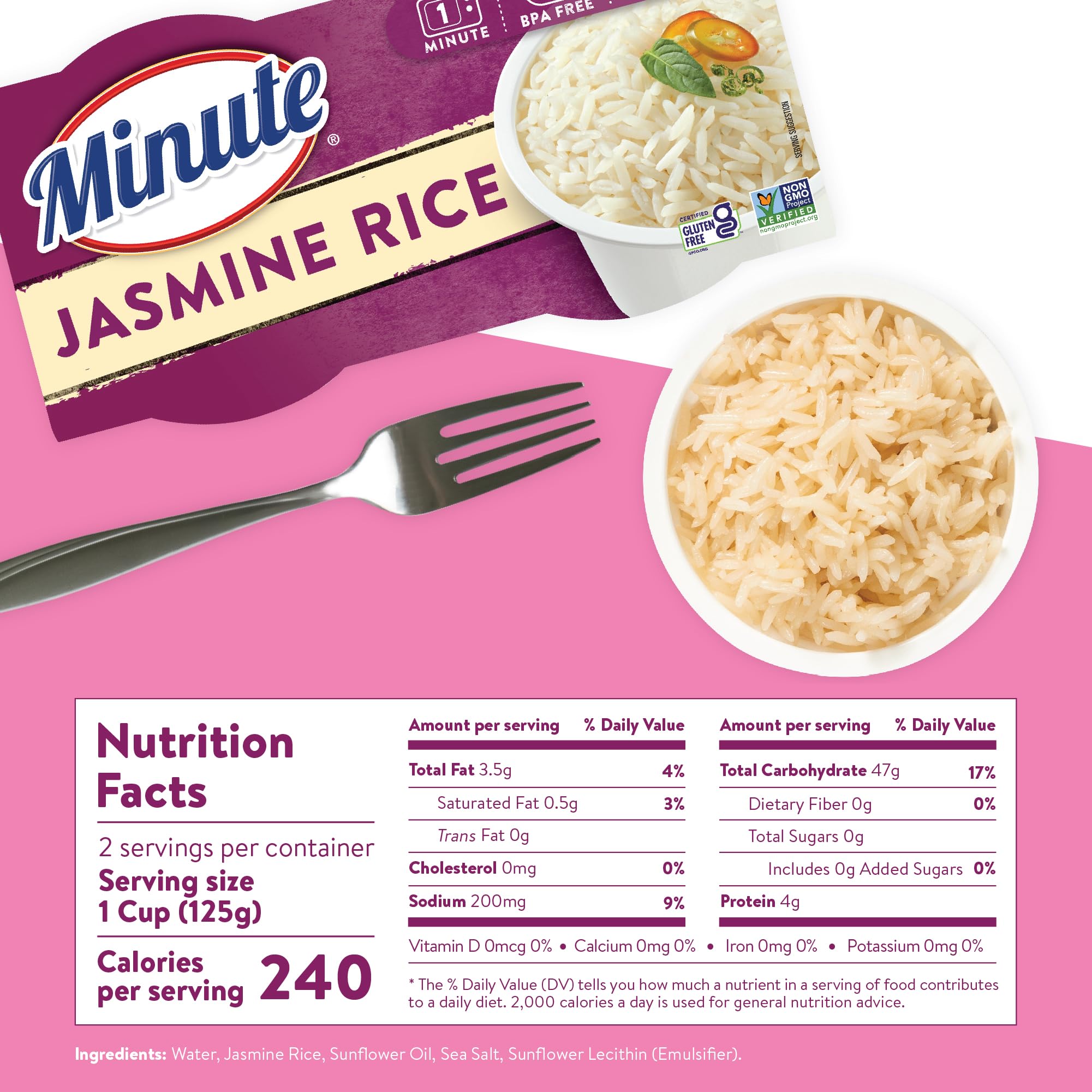 Minute arroz jazmín servido en bowl como acompañamiento
