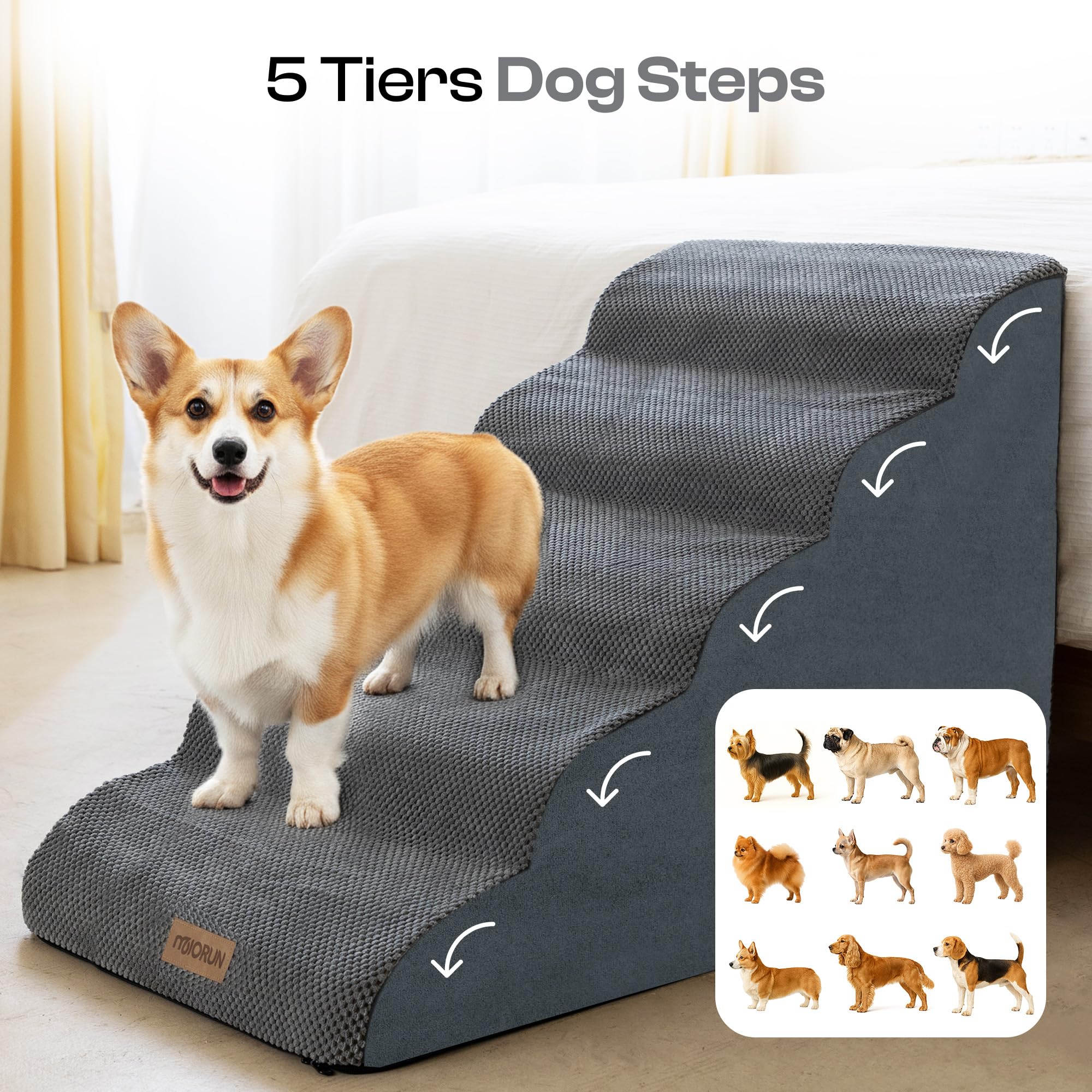 Miorun stairs next to medium dog illustrating size and scale benefit