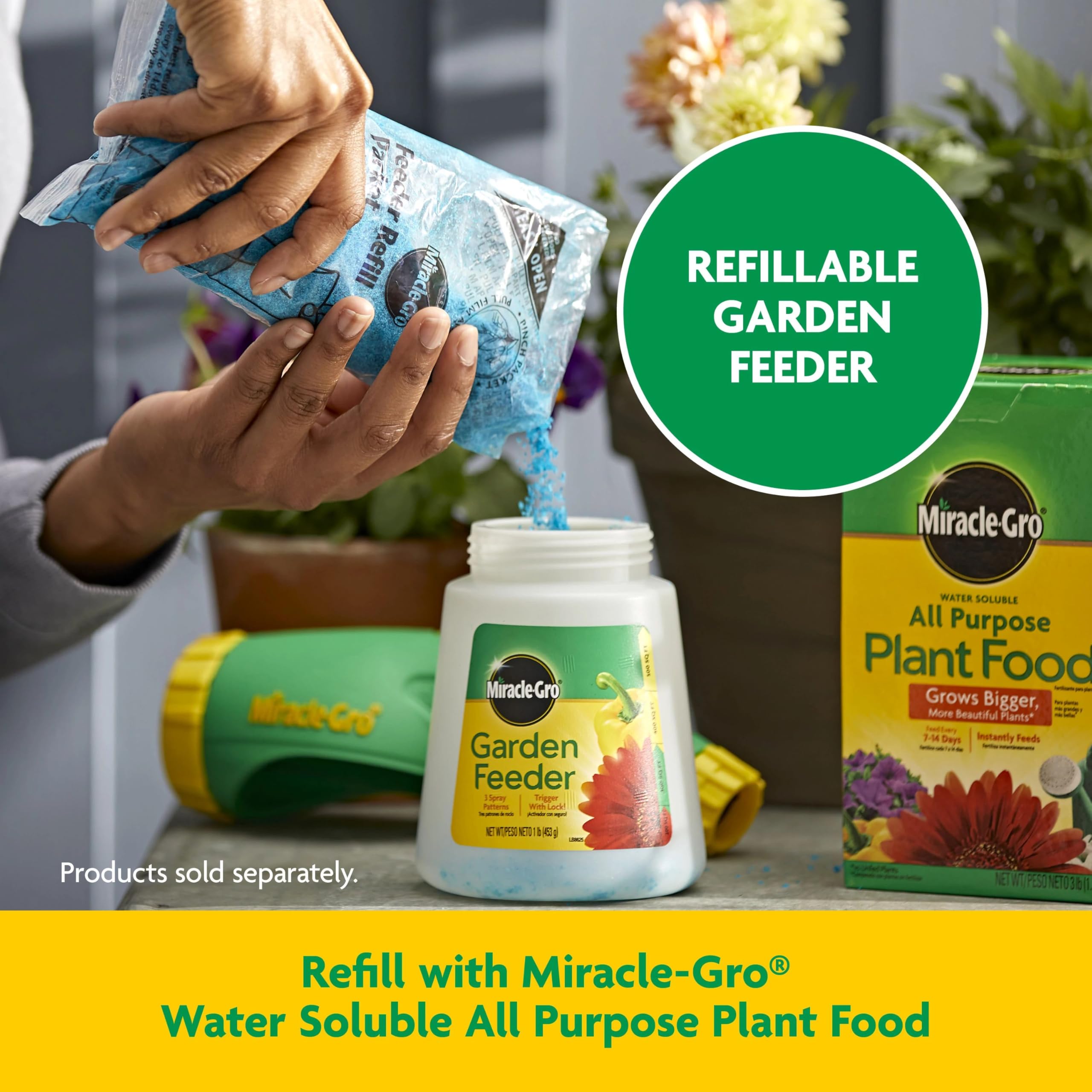 Miracle‑Gro aplicación en jardín residencial mostrando resultado visual