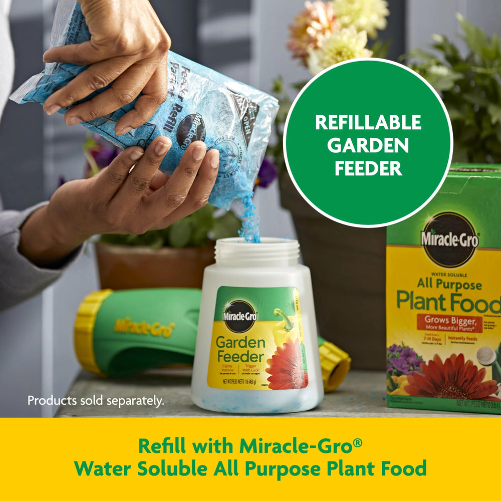 Miracle‑Gro aplicación en jardín residencial mostrando resultado visual