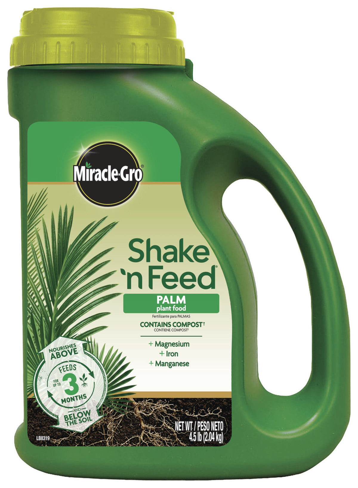 Miracle-Gro frente del paquete mostrando 4.5 lb y uso para palmas
