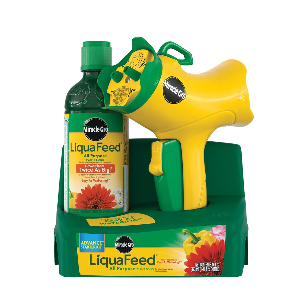 Miracle-Gro kit frontal mostrando dispensador y botella para aplicación fácil