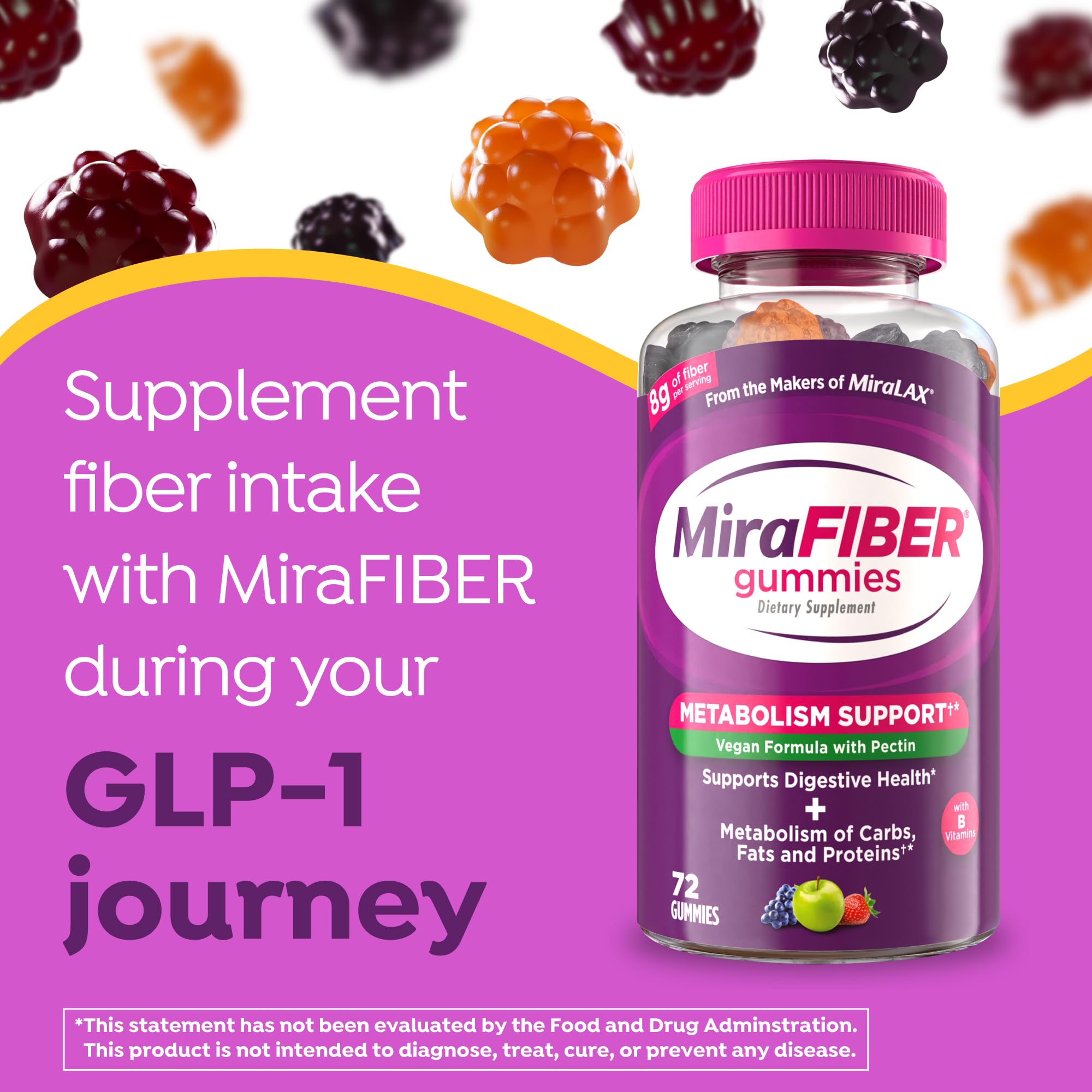 MiraLAX MiraFIBER gominolas junto a botella de agua en uso diario