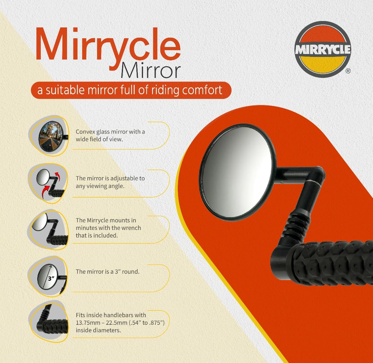Mirrycle etiqueta de dimensiones destacando compatibilidad con manillares