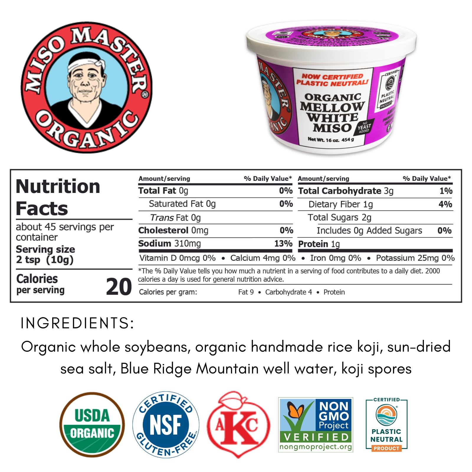 MISO MASTER ORGANIC etiqueta con certificados orgánico, sin gluten y kosher