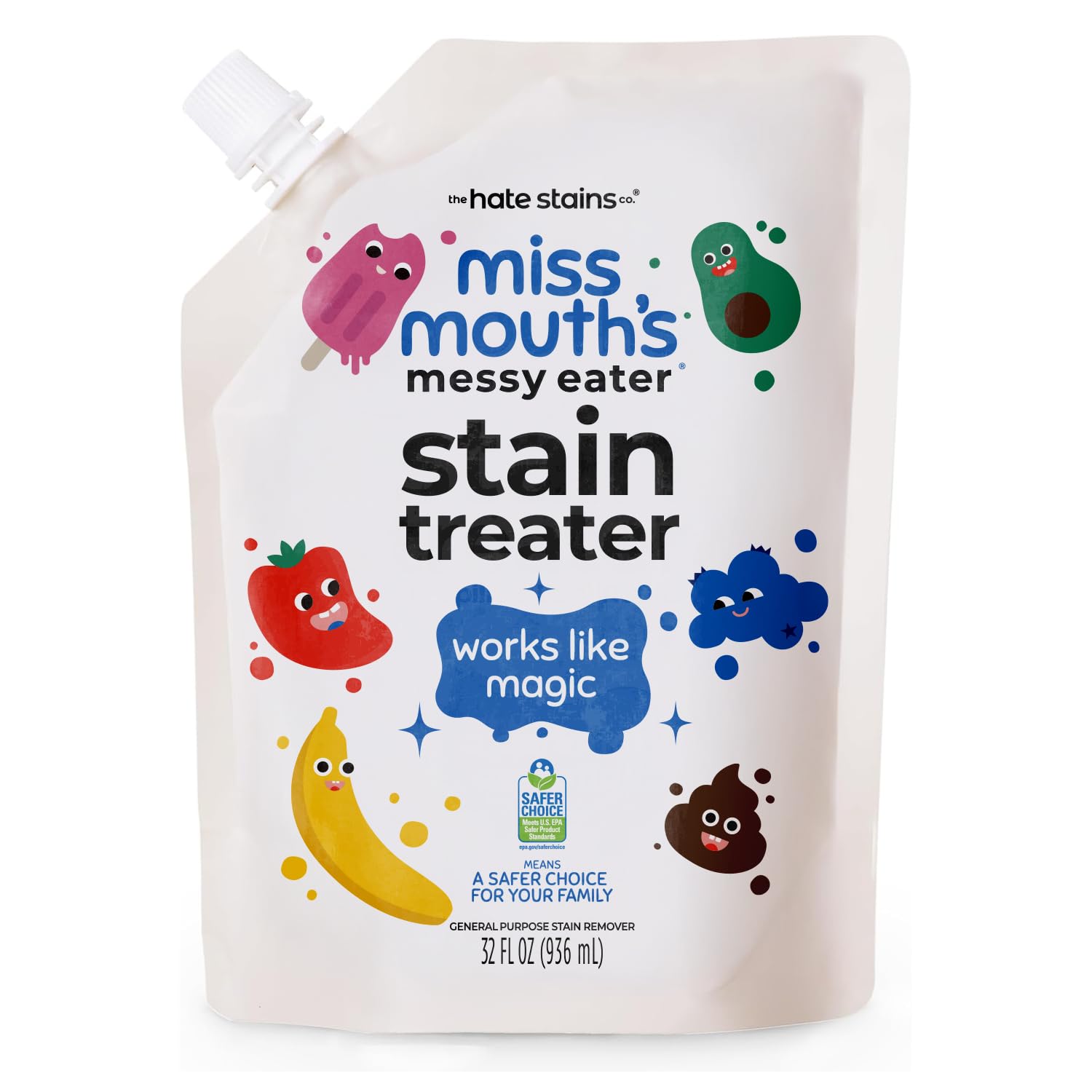 Miss Mouth's vista frontal del envase 32oz mostrando tamaño y practicidad
