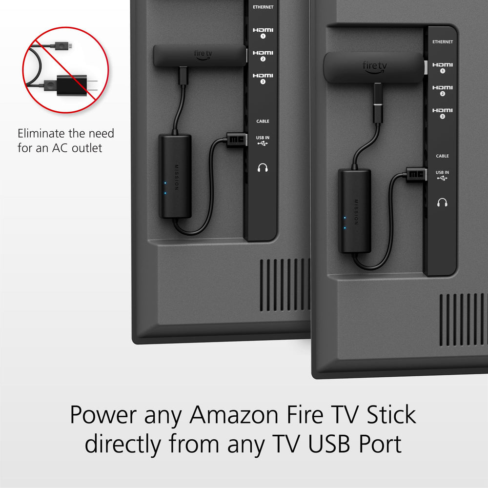 Mission Cables Fire TV Stick alimentado por el cable en uso, imagen de instalación