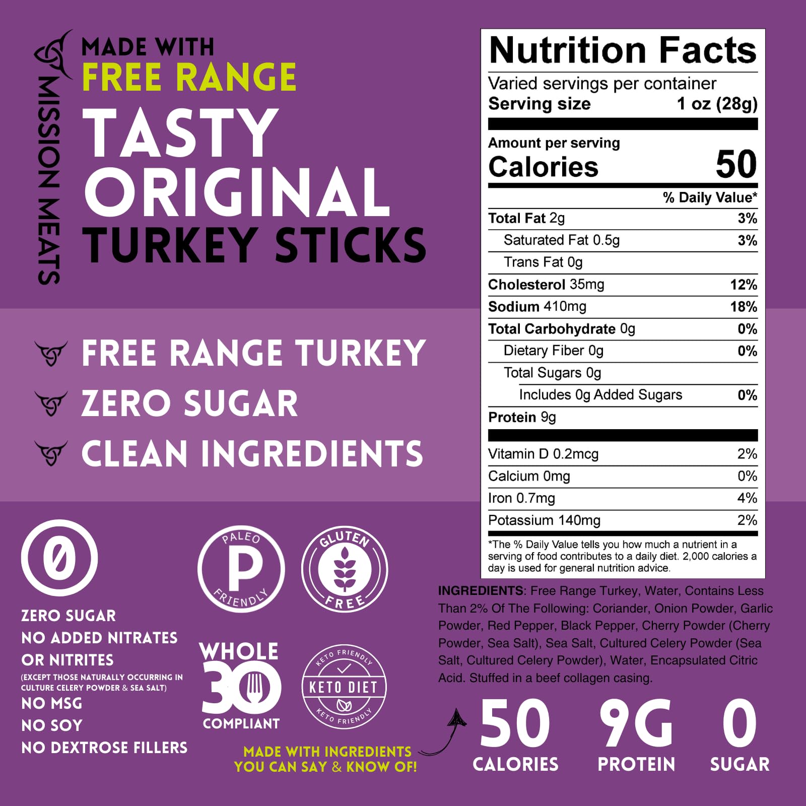 Mission Meats nutrition label closeup highlighting 9g protein and zero sugar per stick