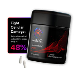 MitoQ frasco frontal mostrando etiqueta y presentando confianza en calidad