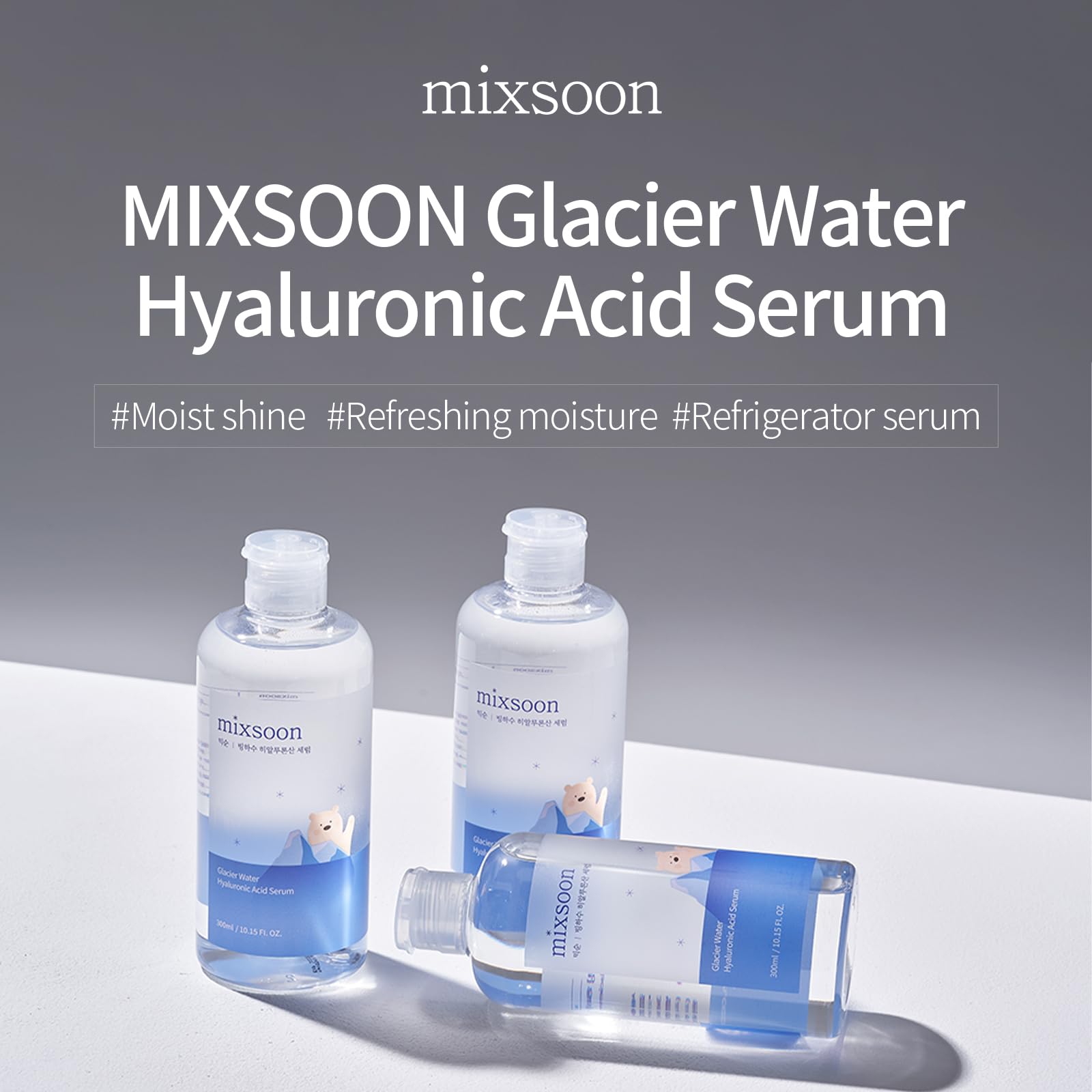 mixsoon etiqueta y gotero con referencia a agua glaciar, pureza y minerales