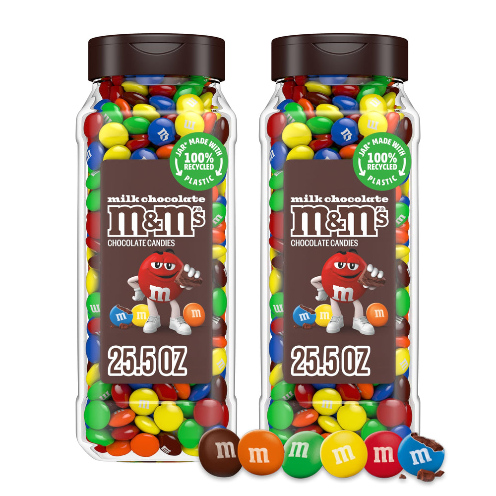 M&M'S frasco frontal mostrando caramelos coloridos, ideal para fiestas