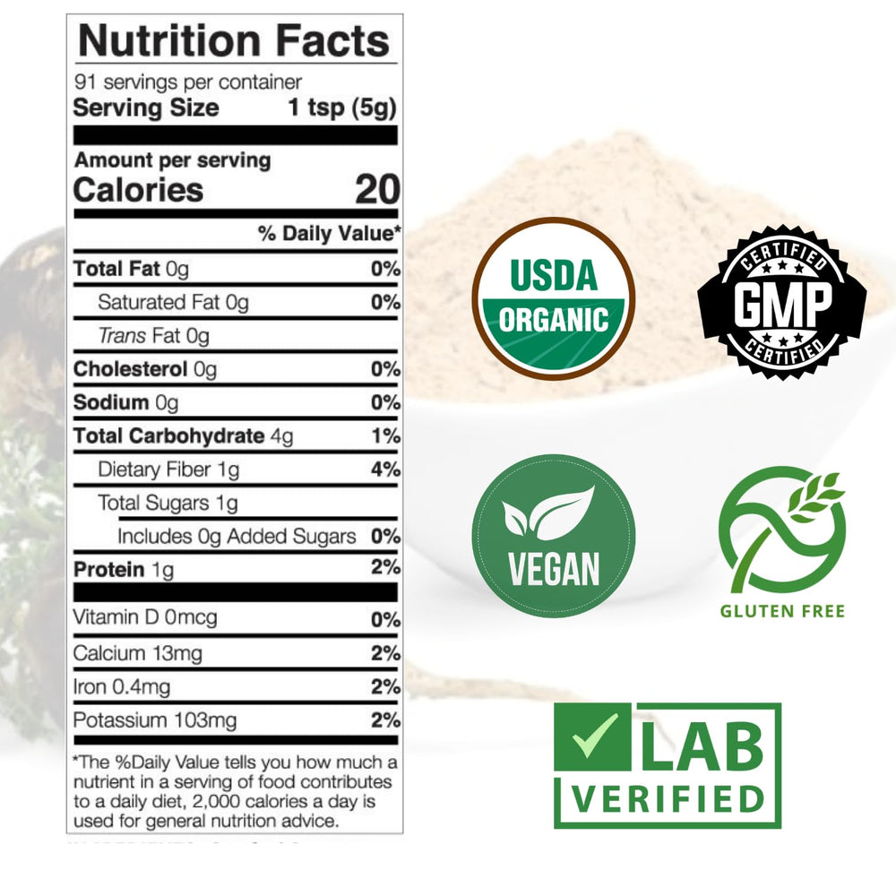 Mother Nature Organics maca negra junto a regla para mostrar tamaño