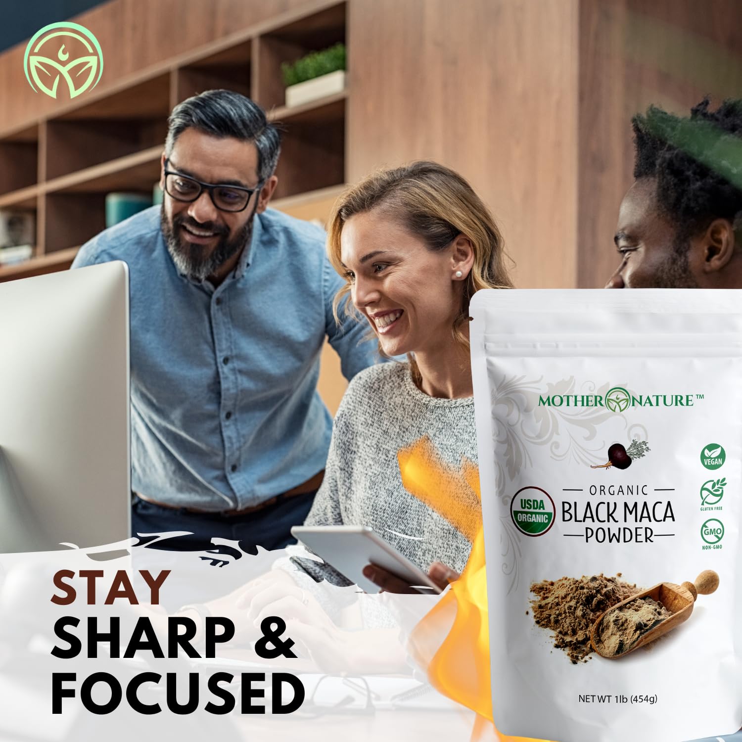Mother Nature Organics cucharada de maca negra lista para mezclar
