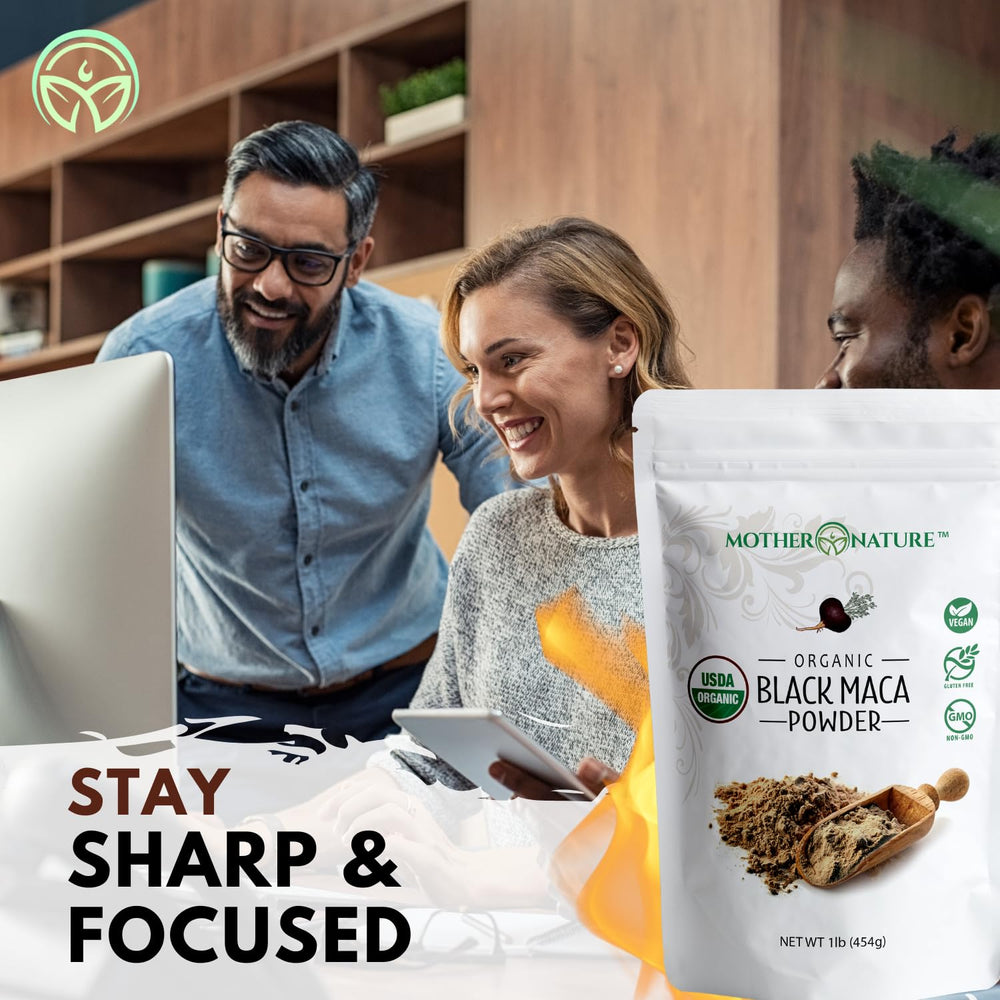 Mother Nature Organics cucharada de maca negra lista para mezclar