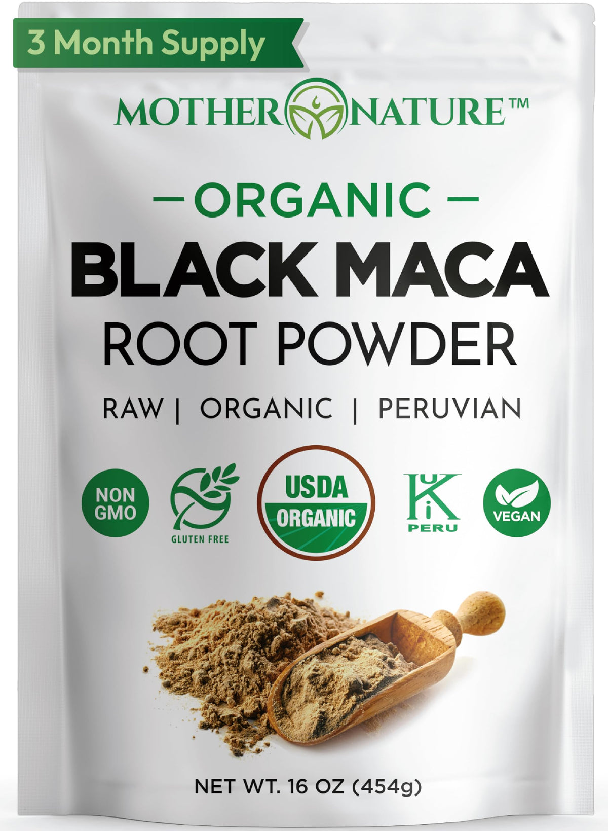 Mother Nature Organics envase frontal maca negra 16oz beneficio práctico
