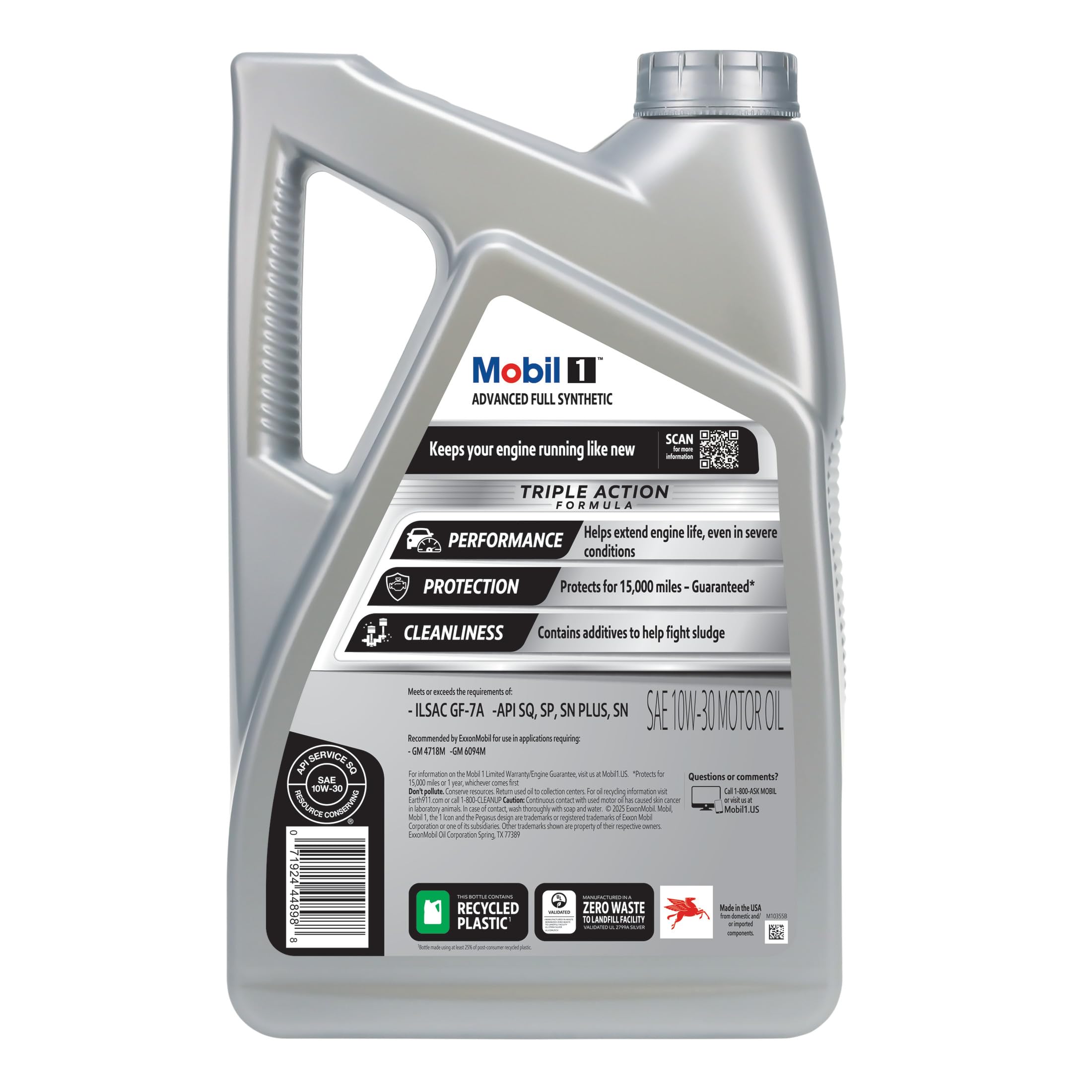 Mobil 1 etiqueta en primer plano con especificaciones y beneficios