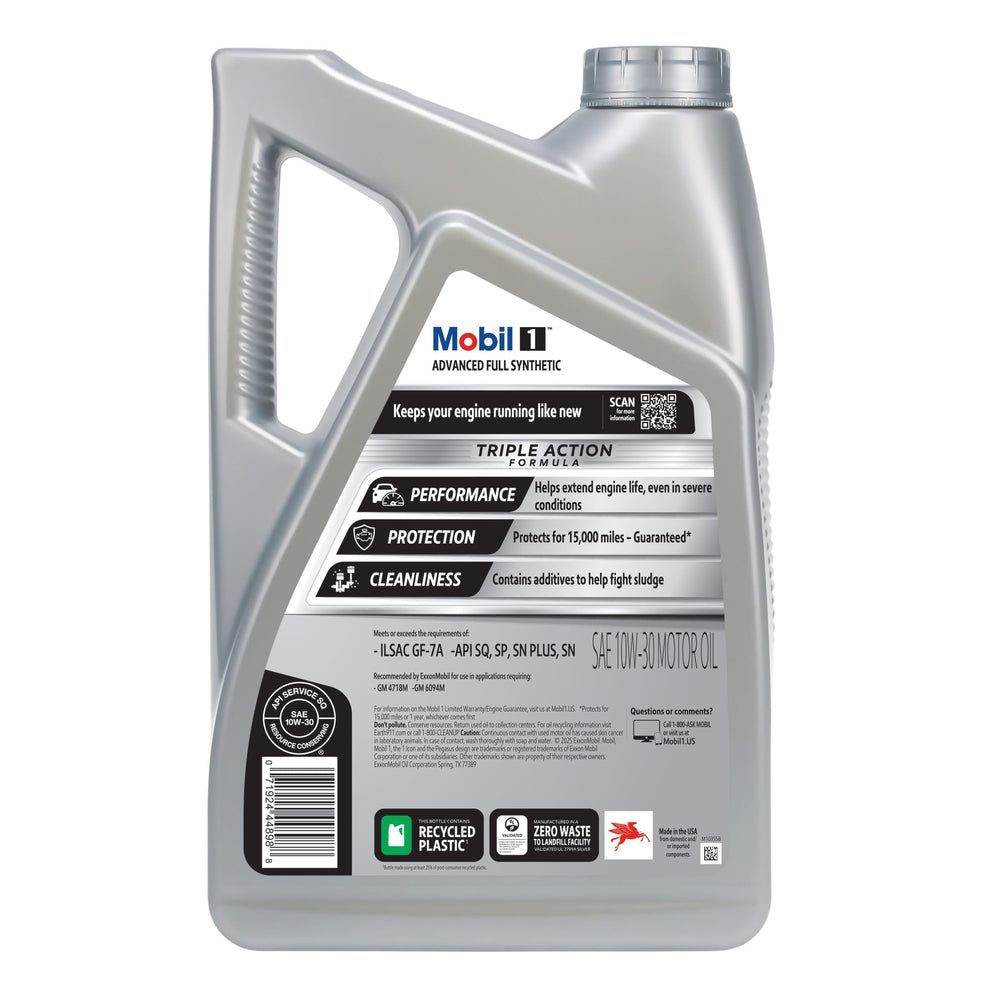 Mobil 1 etiqueta en primer plano con especificaciones y beneficios