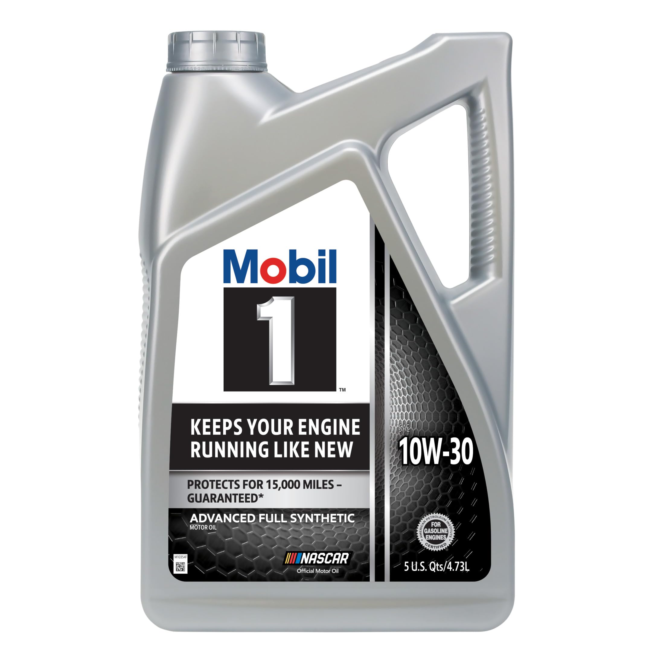 Mobil 1 botella frontal mostrando diseño y volumen, protección visible