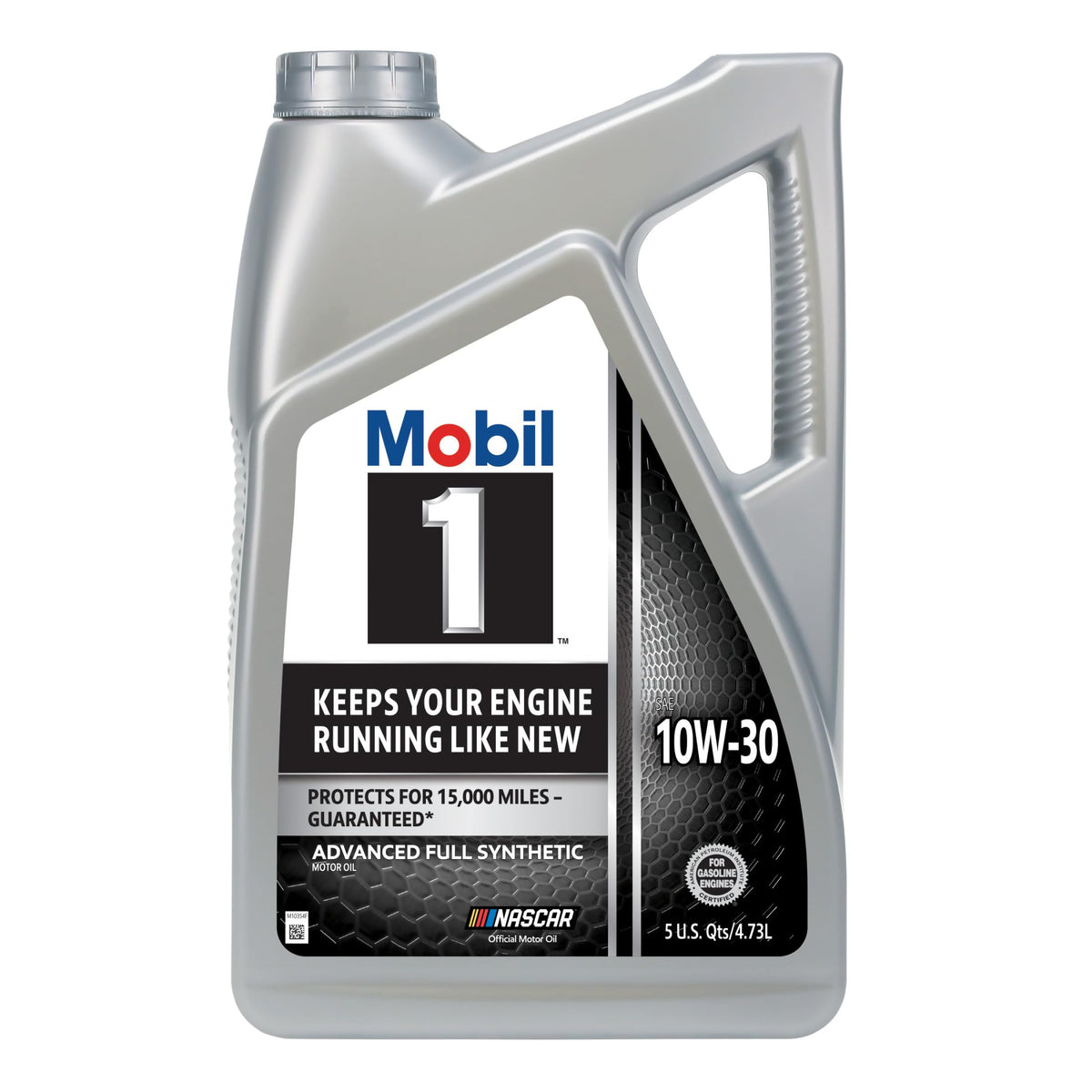 Mobil 1 botella frontal mostrando diseño y volumen, protección visible