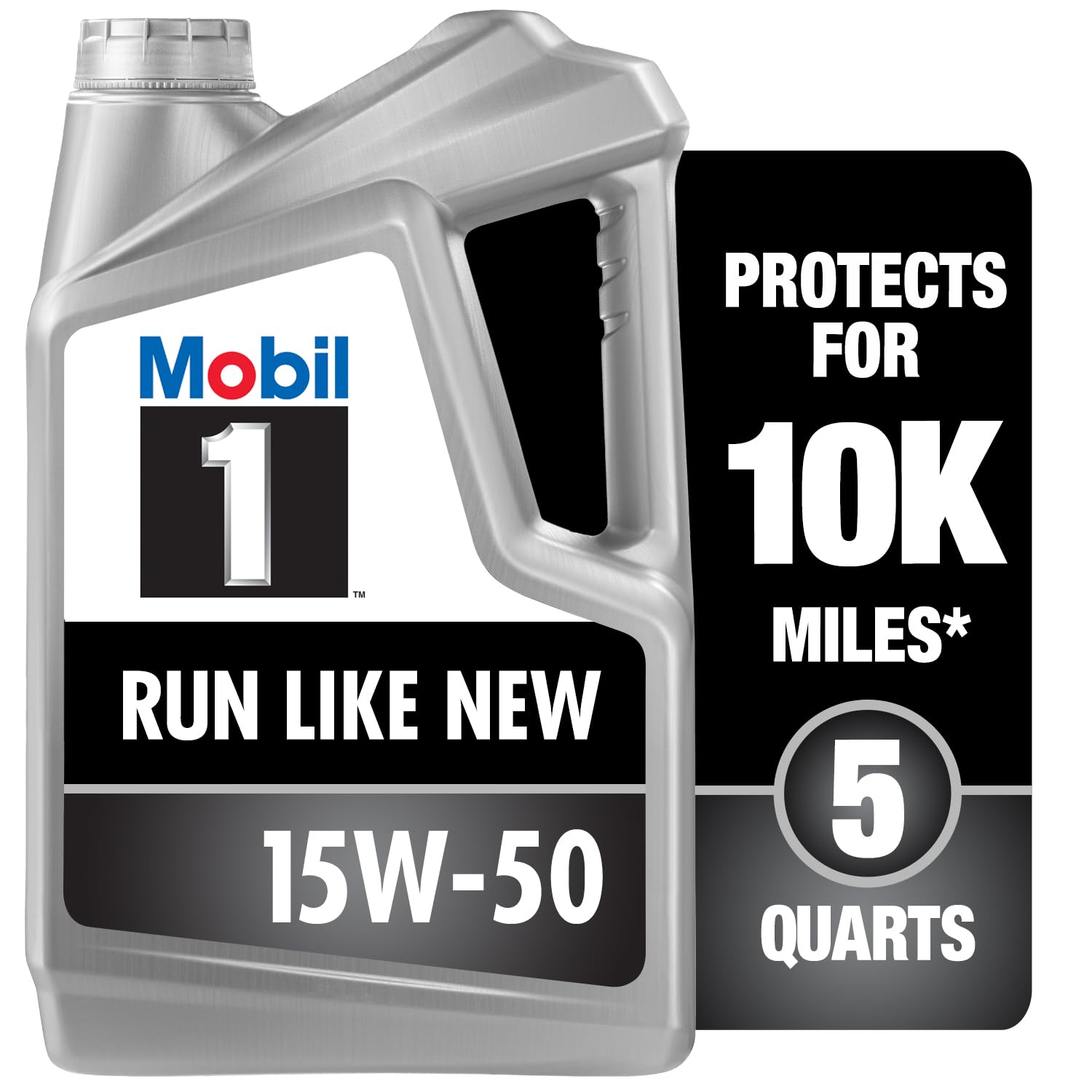Mobil 1 frontal del envase mostrando volumen y formato, protección confiable